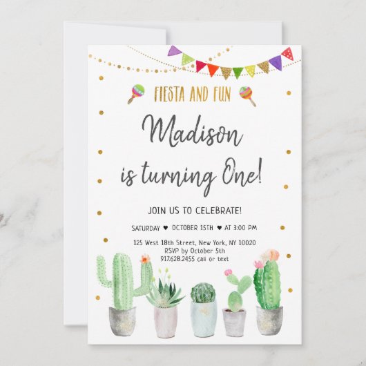 フィエスタ&おもしろい金ゴールドフィエスタファースト誕生日 招待状 (正面)