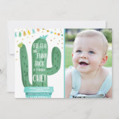 フィエスタ&おもしろい·ボーイ·ブルー·カクタス1歳の誕生日 招待状 (正面)