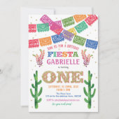 フィエスタ，女の子，メキシコ，サボテン，ウノ，1歳の誕生日 招待状 (正面)