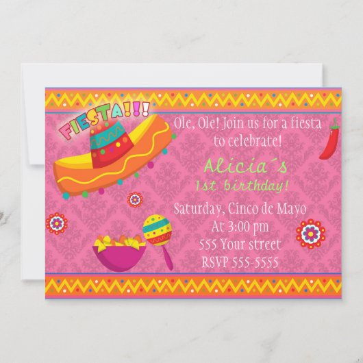 フィエスタ·招待状·ガール·バースデー·パーティーメキシコ·ピンク 招待状 (正面)