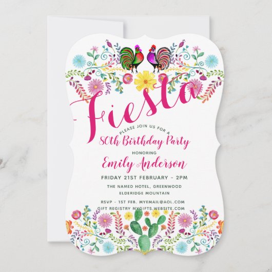フィエスタ 80歳誕生日パーティー フォークアート フラワー サボテン 招待状 (正面)