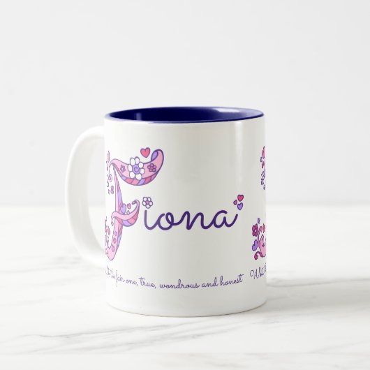 フィオナの一流の意味ハートの花Fのモノグラムのマグ ツートーンマグカップ (正面左)