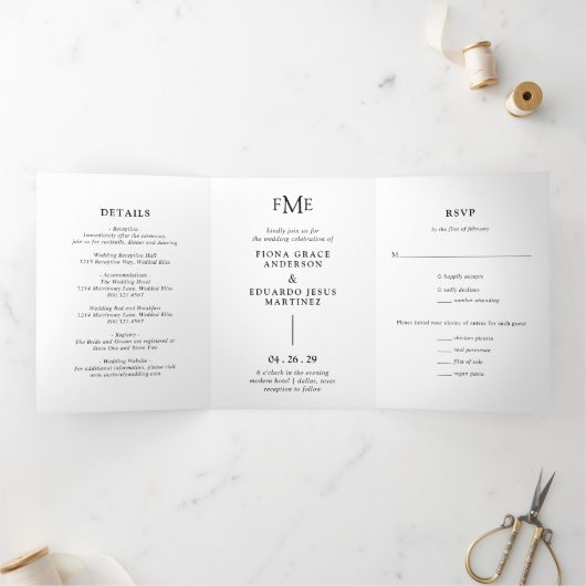 フィオナ黒白モノグラムはっきりしたズモダン結婚ス 三つ折り招待状 (内部)