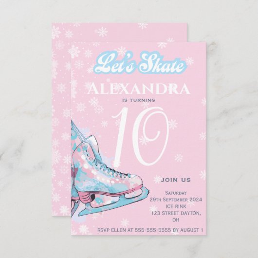 フィギュアスケートの「Let's skate」誕生日パーティー 招待状 (正面/裏面)