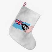 フィジー国旗のラグビーボールが漫画の手を通過 ラージクリスマスストッキング (正面 (吊り時))