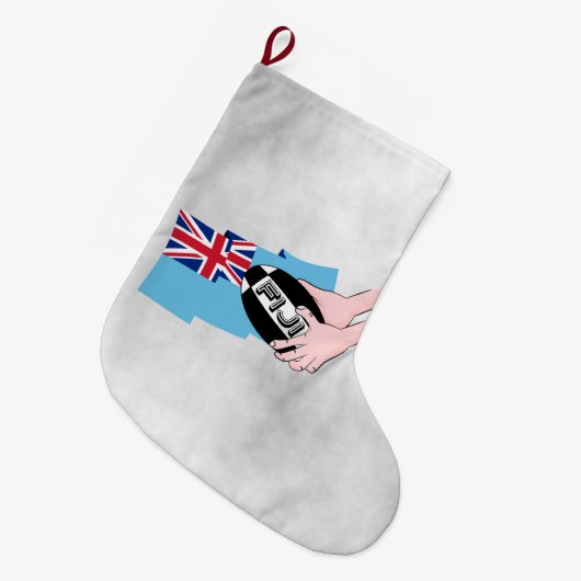 フィジー国旗のラグビーボールが漫画の手を通過 ラージクリスマスストッキング (正面 (吊り時))