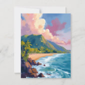 フィジー 山々 海岸線 旅行 絵画 ポストカード (正面)