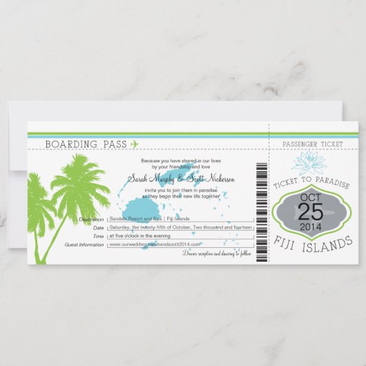 フィジ島の搭乗券の結婚式 招待状 (正面)