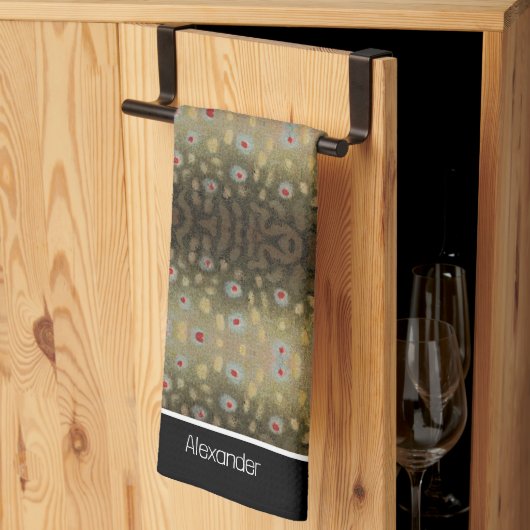 フィッシャーマンブルックマス魚オリーブ白黒錆 キッチンタオル (三つ折り)