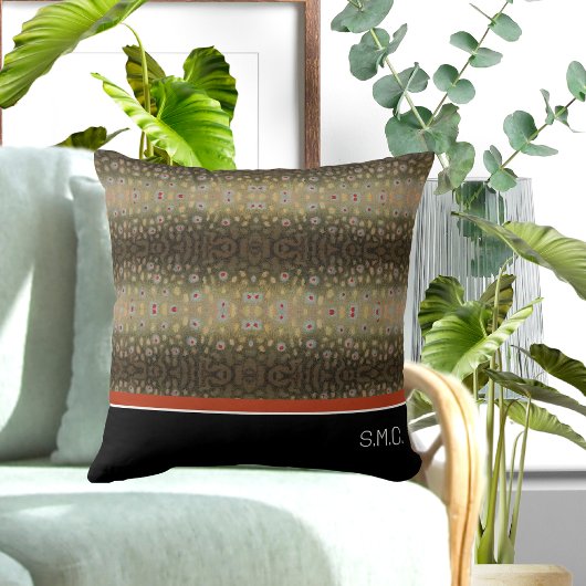 フィッシャーマンブルックマス魚オリーブ白黒錆 クッション