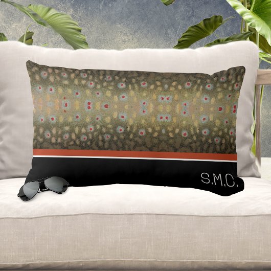 フィッシャーマンブルックマス魚オリーブ白黒錆 ランバークッション