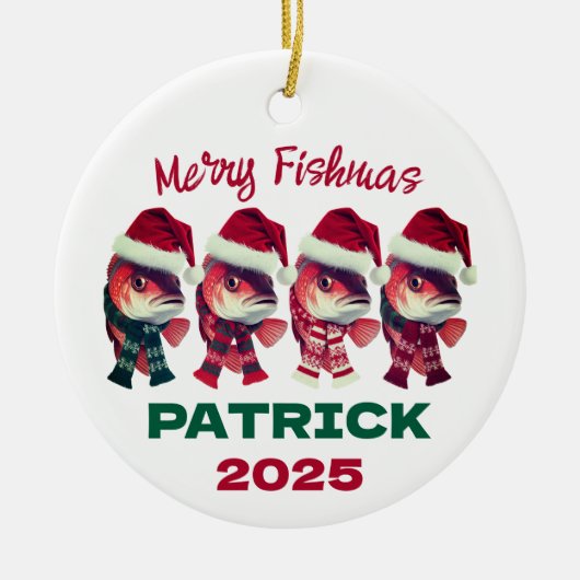 フィッシュおもしろいスメリー・クリスマス魚釣り セラミックオーナメント (正面)