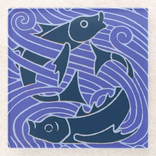 フィッシュはっきりしたスイミング海ブルー魚釣り ガラスコースター (正面)