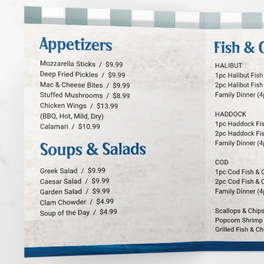 フィッシュアンドチップスレストランダイニングまたはテイクアウトメニュー 三つ折りカード (内部最初)