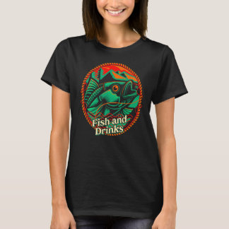フィッシュアンドドリンクキャンプ魚釣りカンパーフィッシャーマンD Tシャツ