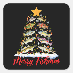 フィッシュマメリースおもしろいクリスマスツリーのライトフィッシュフィス スクエアシール