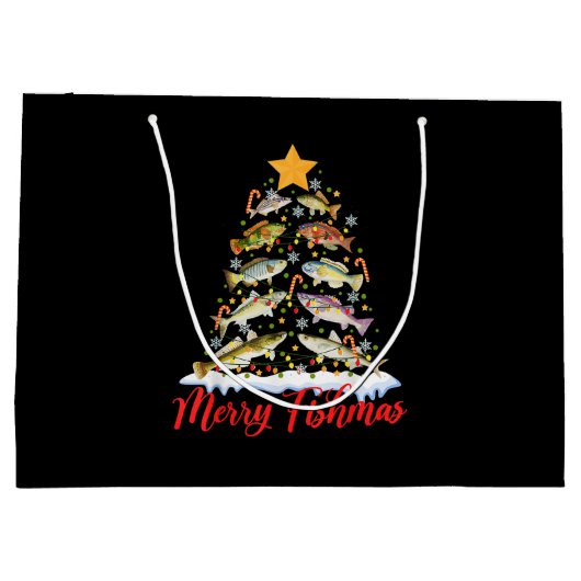 フィッシュマメリースおもしろいクリスマスツリーのライトフィッシュフィス ラージペーパーバッグ (裏面)
