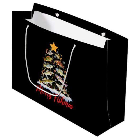 フィッシュマメリースおもしろいクリスマスツリーのライトフィッシュフィス ラージペーパーバッグ (正面アングル)