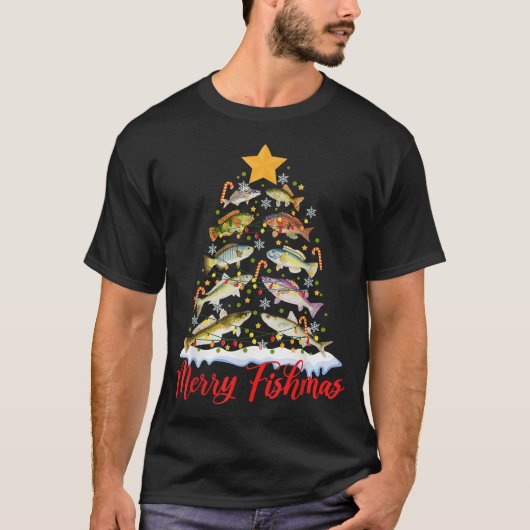 フィッシュマメリースおもしろいクリスマスツリーのライトフィッシュフィス Tシャツ (正面)