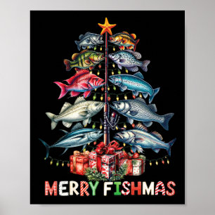 フィッシュマメリースおもしろいクリスマスツリーライト魚釣り ポスター