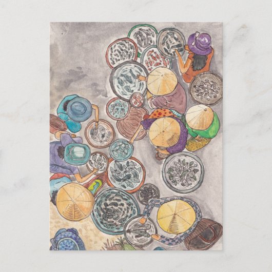 フィッシュマーケットホイアンベトナムウォーターカラーイラストレーション ポストカード (正面)