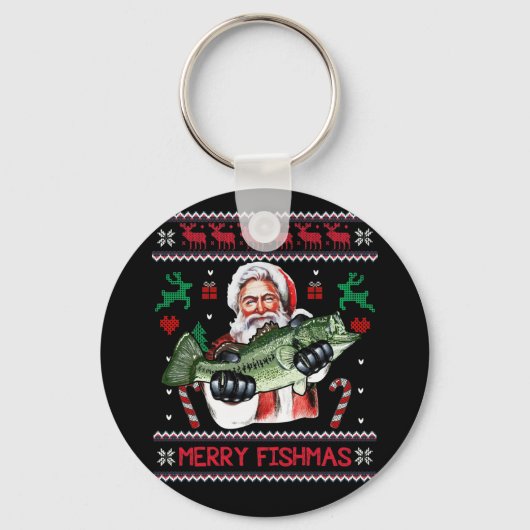 フィッシュメリーサンタ魚釣り醜いクリスマスセーター キーホルダー (正面)