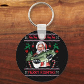 フィッシュメリーサンタ魚釣り醜いクリスマスセーター キーホルダー (正面)