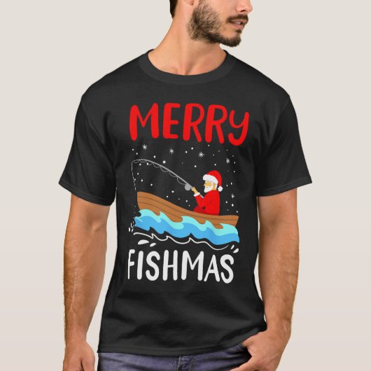 フィッシュメリースおもしろいクリスサンタクロース魚釣り Tシャツ (正面)