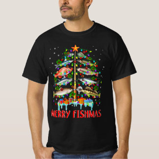 フィッシュメリースおもしろいクリスマスツリーが魚を点灯 Tシャツ