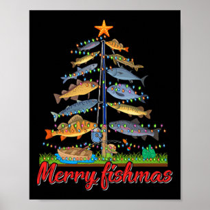 フィッシュメリースおもしろいフィッシャークリスマスツリー魚釣り ポスター
