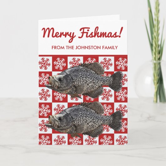 フィッシュメリースクラッピー魚釣りスノーフレークホリデー カード (正面)