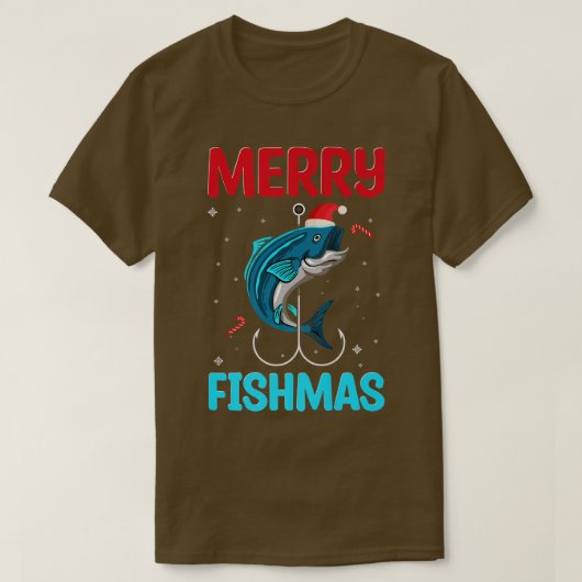 フィッシュメリースクリスマおもしろいス魚釣りフィッシュサンタS Tシャツ (デザイン正面)