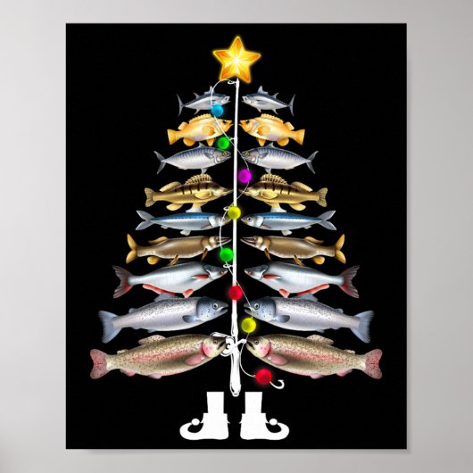 フィッシュメリースクリスマスツリーおもしろい魚釣り ポスター (正面)