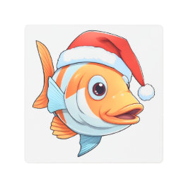 フィッシュメリーズキュートペットラブシーサンタフィッシュ メタルプリント