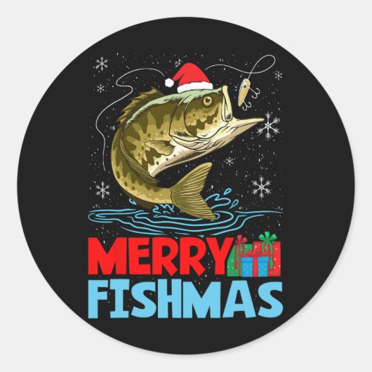 フィッシュメリーズクリスマス魚釣りホリデイ ラウンドシール (正面)