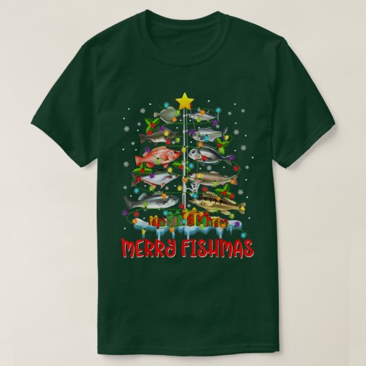 フィッシュメリーツリーおもしろいクリスマスライトフィッシュ Tシャツ (デザイン正面)
