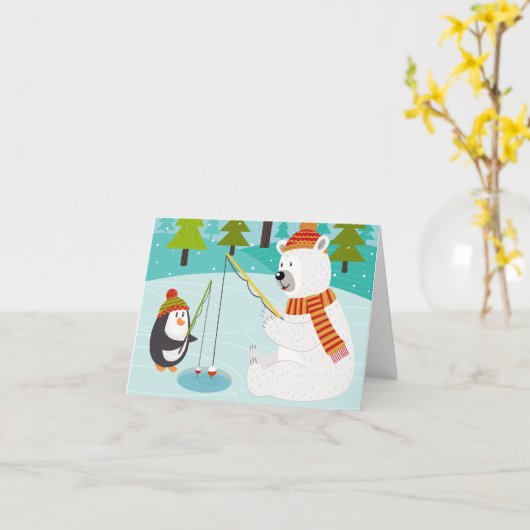 フィッシュメリーマスかわいいおもしろい魚釣りクリスマス カード (黄色い花)