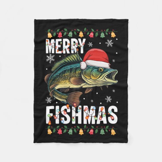 フィッシュメリー魚釣りおもしろいクリスマスパジャマフィッシュ フリースブランケット (正面)