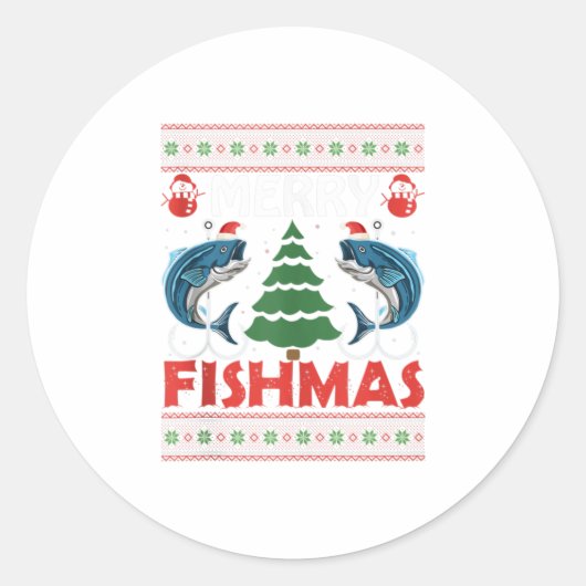 フィッシュメリー魚釣りおもしろいクリスマス ラウンドシール (正面)