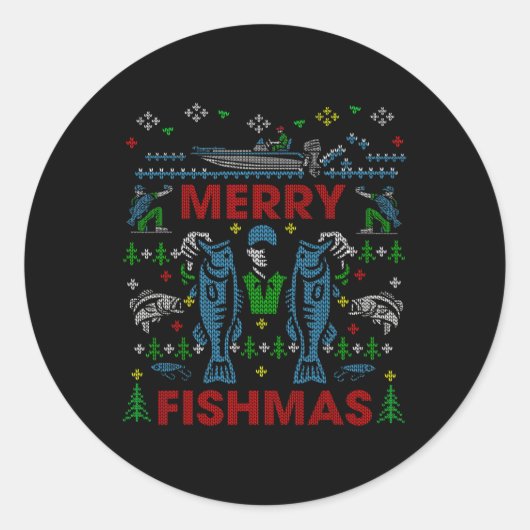 フィッシュメリー魚釣りおもしろい醜いクリスマスセーター ラウンドシール (正面)