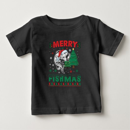 フィッシュメリー魚魚釣りパパフィッシャーマンクリスマス ベビーTシャツ (正面)