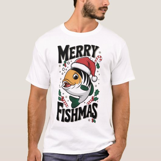 「フィッシュメリーTシャツ – クリスマスおもしろい魚 Tシャツ (正面)