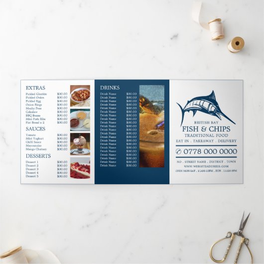 フィッシュ&チップショップレストランメニュー三つ折フライヤー 三つ折り招待状 (外部)