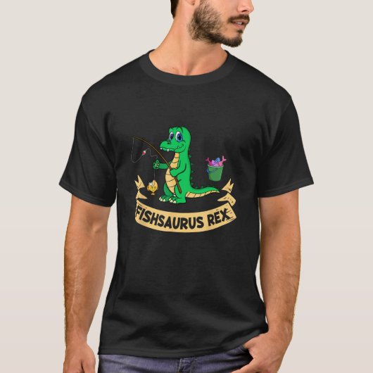 フィッショサウルス ティラノサウルス 恐竜 - おもしろい釣り Tシャツ (正面)