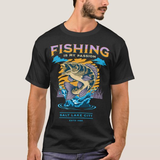 フィッシングに夢中なレトロ風デザイン Tシャツ (正面)