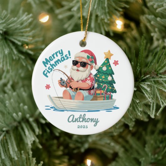 フィッシングサンタのクリスマス セラミックオーナメント (ツリー)