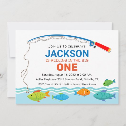 フィッシング テーマのファースト バースデー パーティー 招待状 (正面)