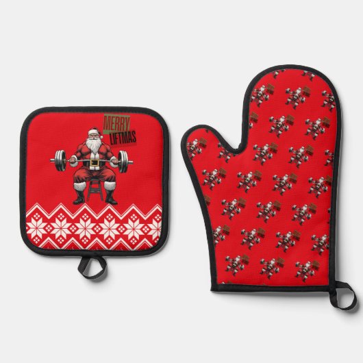 フィットネスおもしろいクリスマスイフツマスバルベルサンタジム 鍋つかみ&鍋敷きセット (正面)