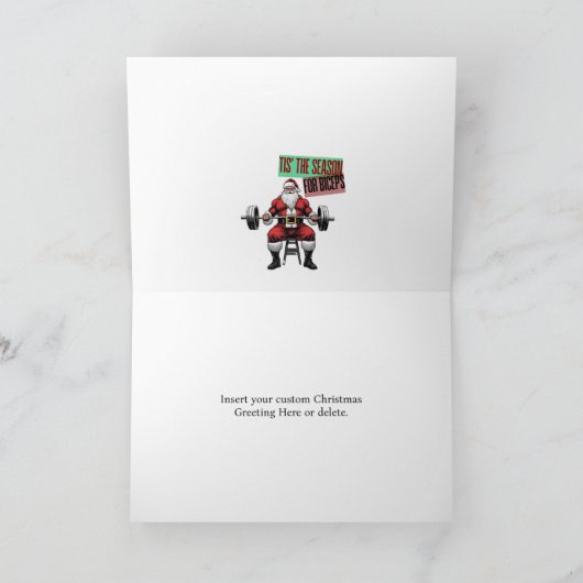 フィットネスおもしろいクリスマスバイクルーズバーベルサンタ サンキューカード (内部)