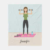 フィットネスガールイラストレーション重量挙げ&名前 フリースブランケット (正面)